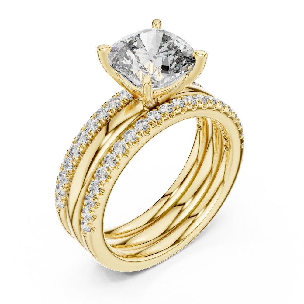 Discover the radiant elegance of this cushion cut solitaire ring, featuring brilliant-cut pavé detailing. Shop this modern luxury classic today.