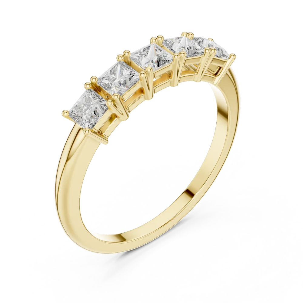 Discover the geometric allure of this princess cut five-stone band. Featuring brilliant DIAMEUR diamonds, it is the perfect modern classic. Shop now.