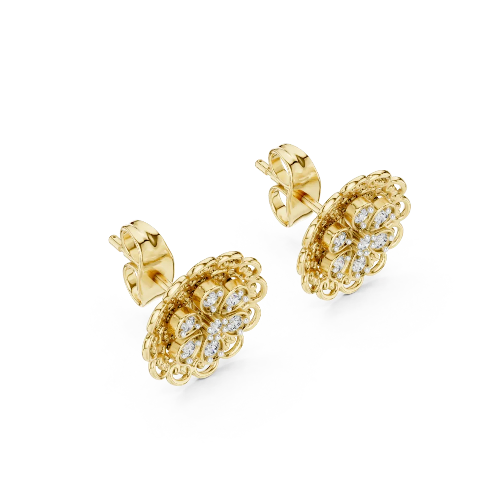 Adorn your ears with these floral-inspired round diamond stud earrings. Expertly handcrafted for timeless scintillation. Shop this modern luxury today.