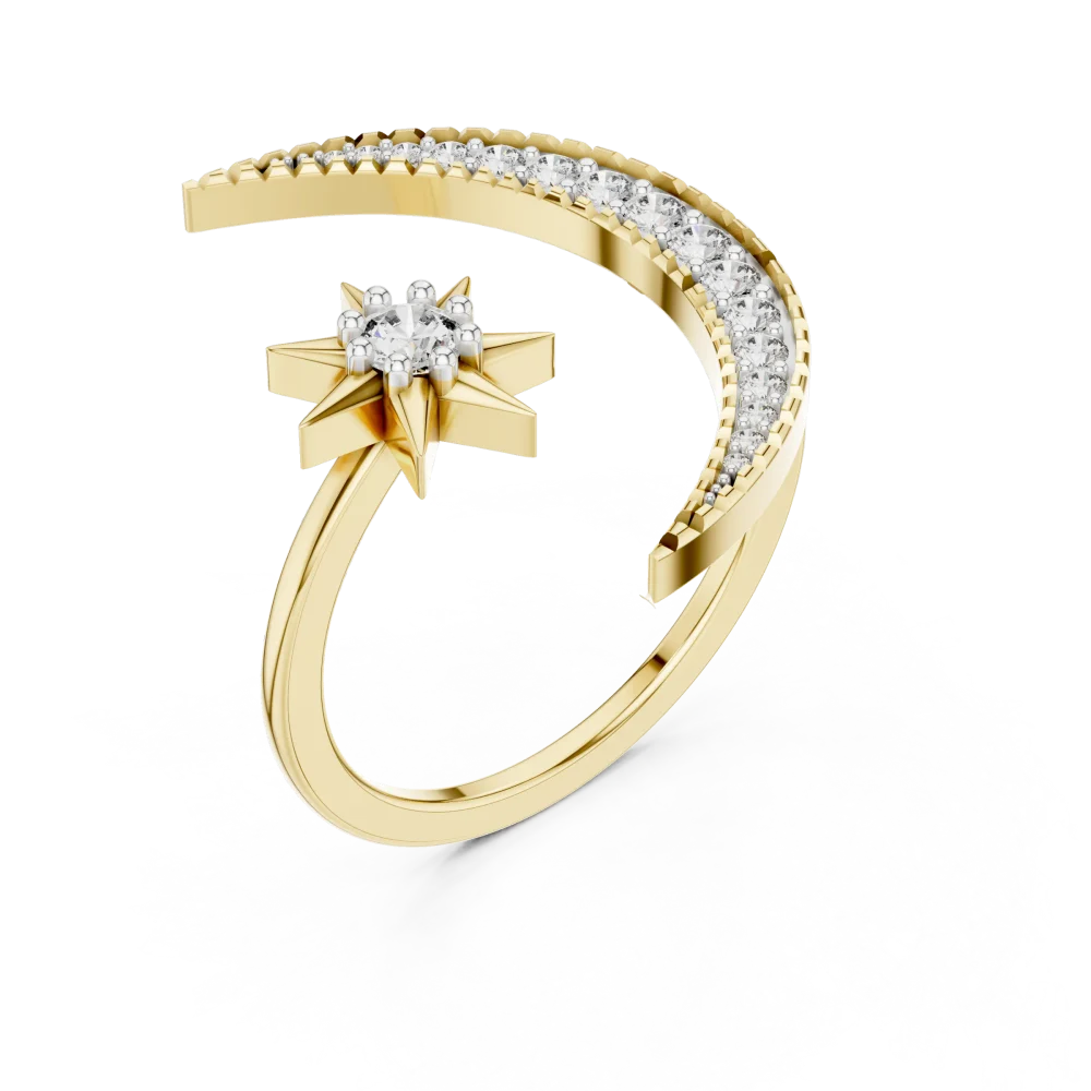 Capture the stars with this exquisite celestial crescent ring, featuring brilliant-cut DIAMEUR diamonds. Experience modern luxury. Shop now.