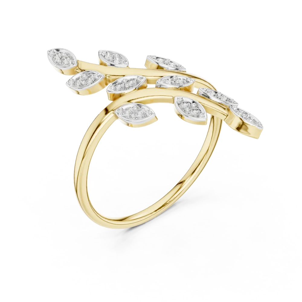 Adorn your hand with the organic beauty of our pavé-set round DIAMEUR diamond leaf ring. Experience sustainable luxury and brilliance today.