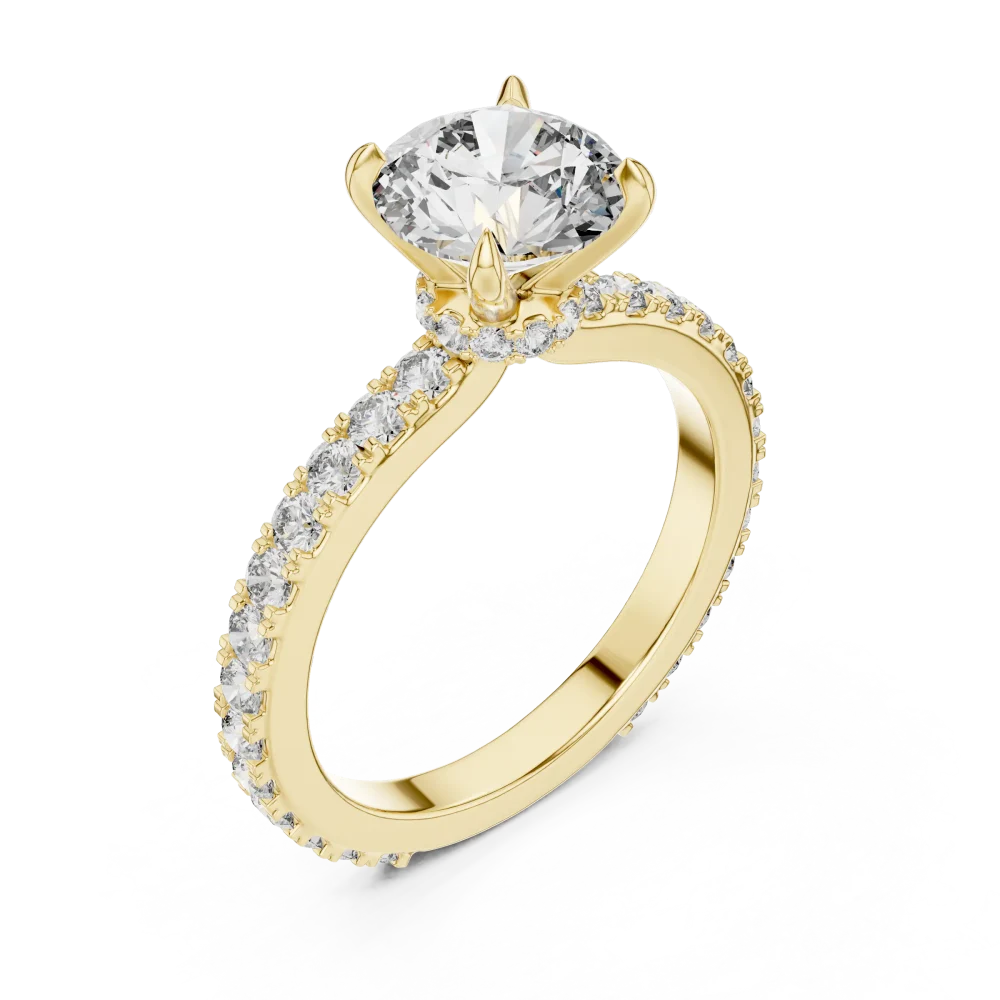 Discover the Ethereal Round Brilliant Solitaire Ring. Featuring pavé-set DIAMEUR diamonds for radiant light performance. Shop this modern classic today.