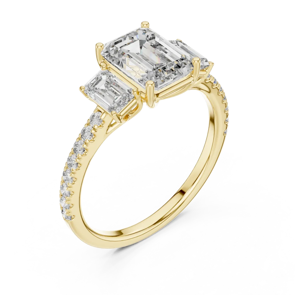 Discover the elegance of our three-stone emerald-cut ring. Featuring premium DIAMEUR diamonds and expert craftsmanship. Shop this modern luxury today.