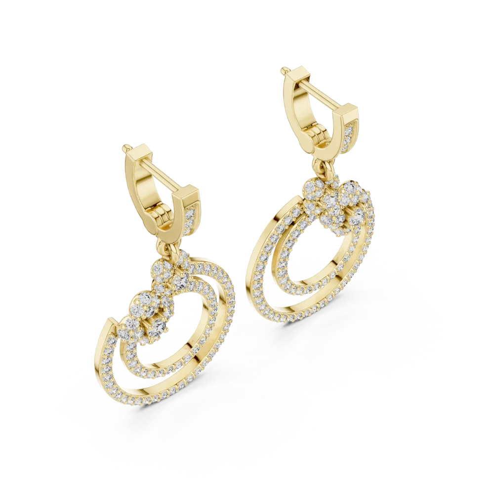 Experience radiant luxury with these dual-ring dangler earrings. Expertly set with brilliant DIAMEUR diamonds for timeless, captivating elegance. Shop now.