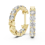 Sparkling round lab-grown diamond huggie hoop earrings set in polished gold, featuring a secure hinge closure.