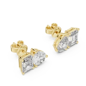 Two stone lab grown diamond stud earrings featuring pear and emerald cut stones set in lustrous gold.