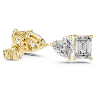Duo lab-grown diamond stud earrings in yellow gold, featuring one heart-shaped and one emerald-cut stone.