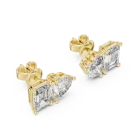 Duo lab-grown diamond stud earrings featuring a heart-shaped and emerald-cut stone set in polished gold.