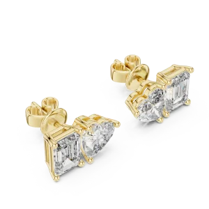 Duo lab-grown diamond stud earrings featuring a heart-shaped and emerald-cut stone set in polished gold.