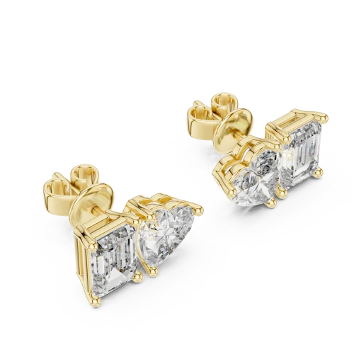 Duo lab-grown diamond stud earrings featuring a heart-shaped and emerald-cut stone set in polished gold.