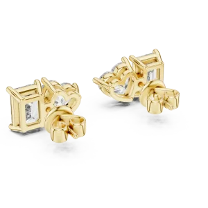 Duo Diamond Stud Earrings in gold featuring a heart-shaped and emerald-cut lab-grown diamond pair.
