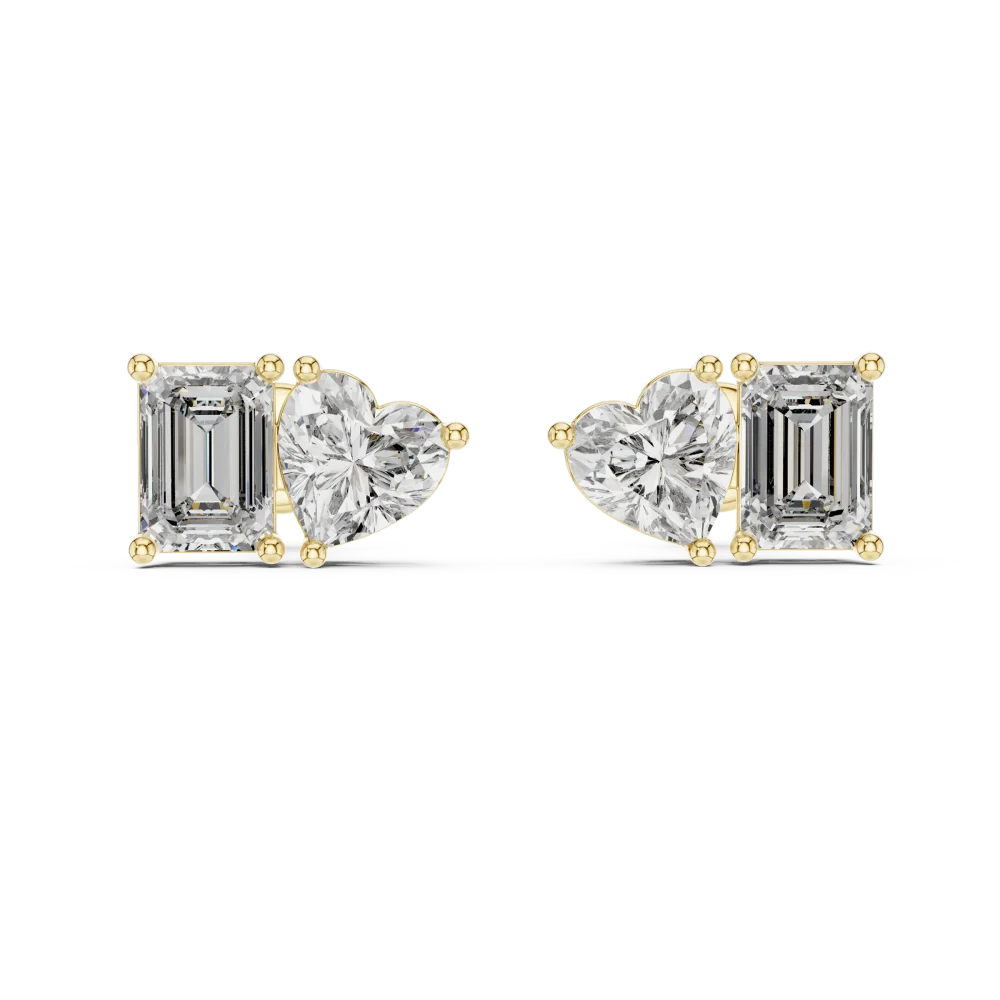 Duo lab-grown diamond stud earrings featuring a heart-shaped and emerald-cut stone set in polished gold.