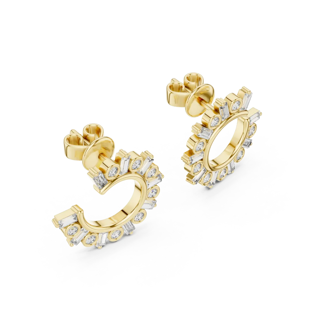Experience the modern elegance of our round and baguette DIAMEUR diamond stud earrings. A brilliant choice for refined, sustainable luxury. Shop now!