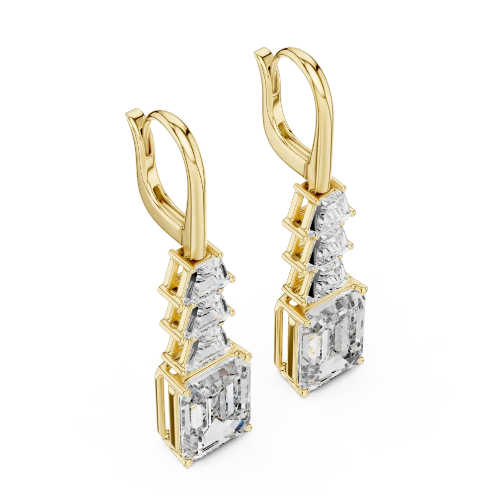 Experience architectural elegance with these emerald and trapezoid DIAMEUR lab-grown diamond drop earrings. Shop this modern luxury statement today.