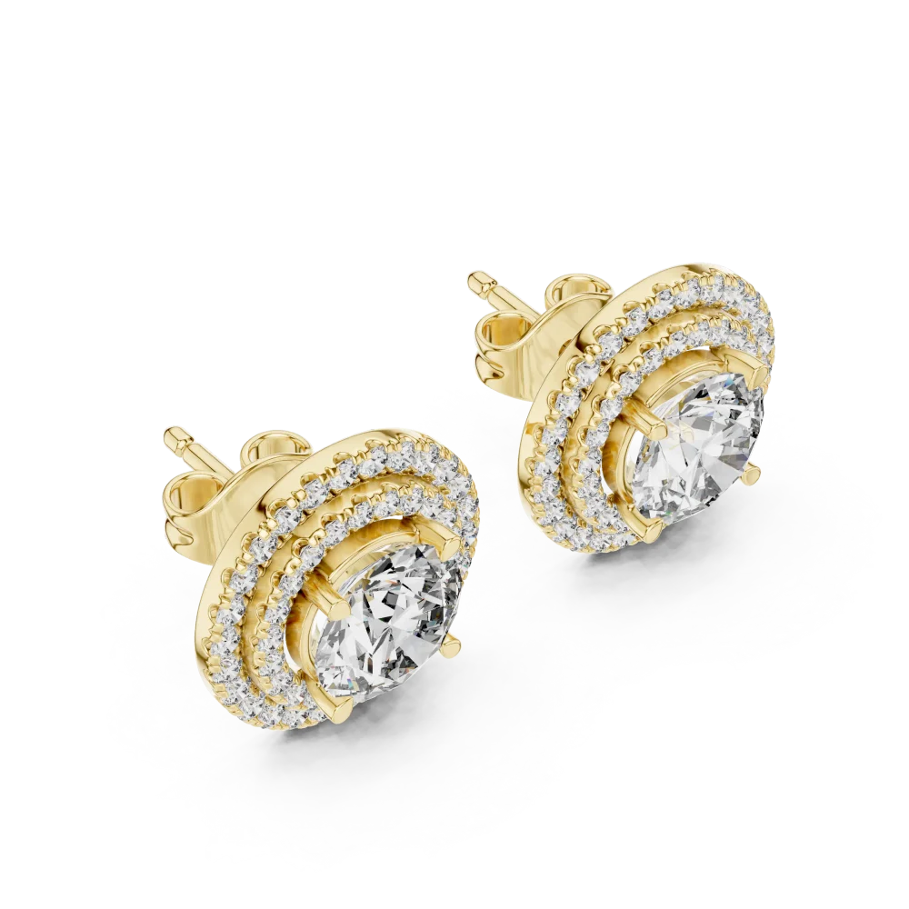 Experience radiant elegance with these DIAMEUR solitaire stud earrings, featuring a double halo design. Discover the perfect blend of luxury today.
