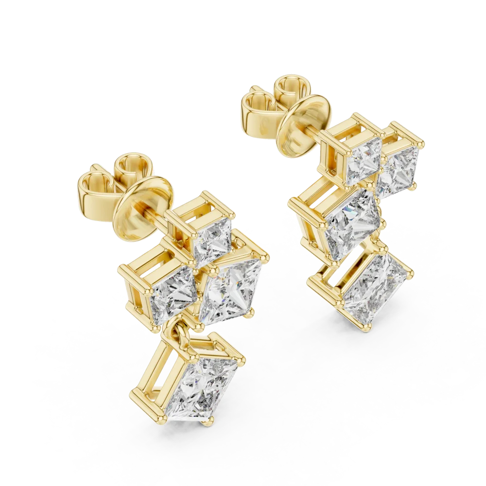Experience unparalleled brilliance with these architectural princess-cut DIAMEUR diamond drop earrings. Shop this modern luxury statement today.
