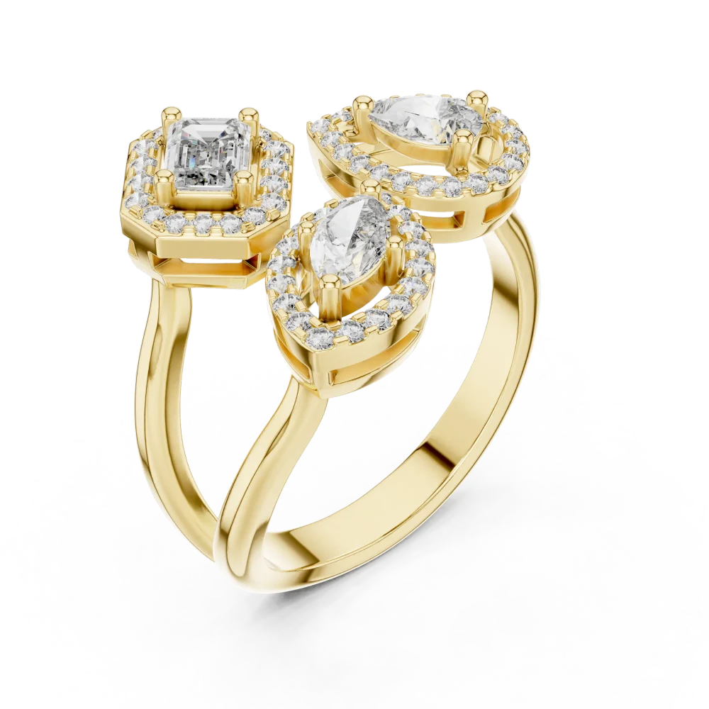 Discover the radiant beauty of this tri-stone halo ring. Featuring exquisite DIAMEUR diamond cuts, it is a modern classic of sustainable luxury. Shop now.