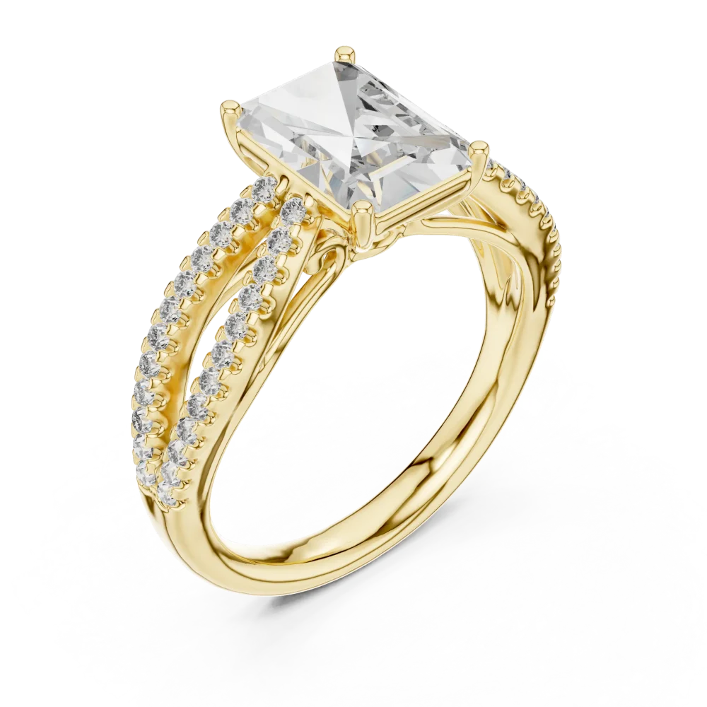 Embrace modern elegance with our radiant cut solitaire ring, featuring a sophisticated split-shank design. Discover sustainable luxury. Shop now!