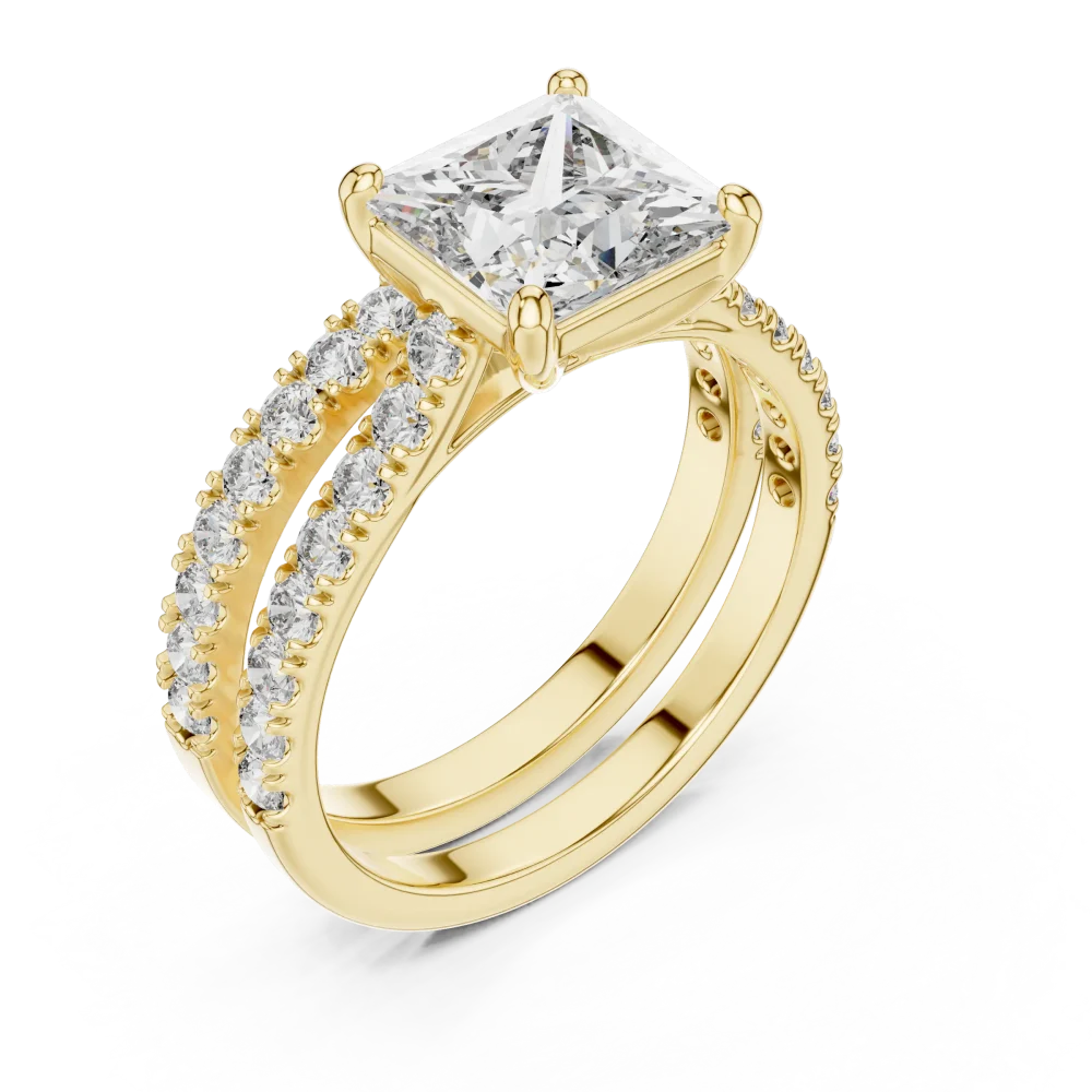Discover the radiant brilliance of our princess-cut solitaire ring. Handcrafted with pavé-set DIAMEUR diamonds for timeless luxury. Shop your fit today.