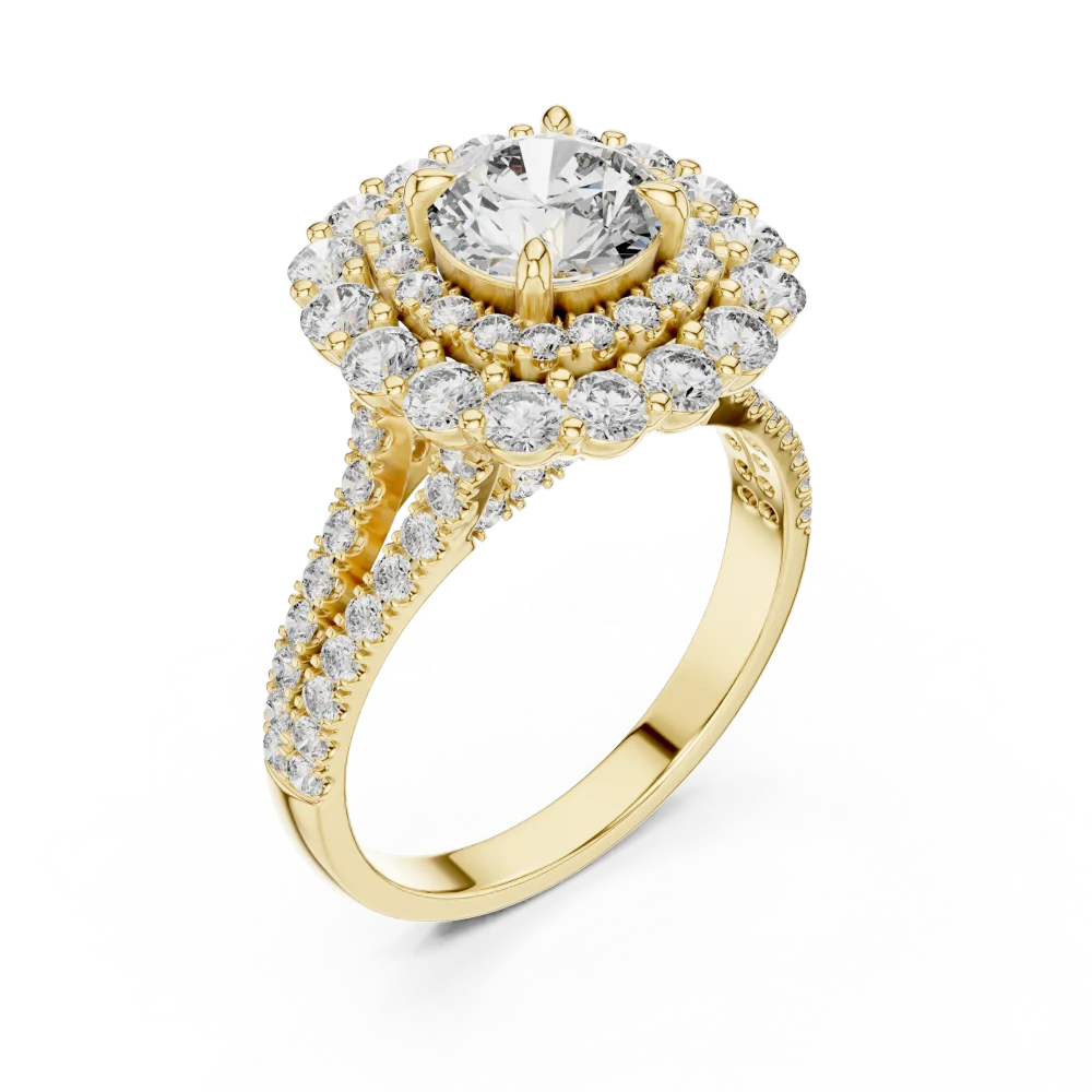 Experience unparalleled radiance with this exquisite double halo solitaire ring. Featuring brilliant DIAMEUR diamonds, discover your perfect piece today.
