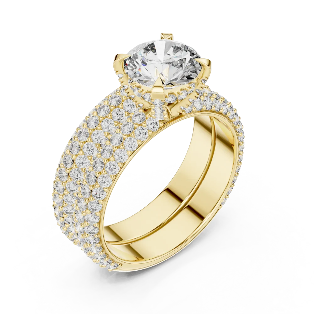 Discover the Luminary Round Brilliant Solitaire Ring. Featuring a sparkling DIAMEUR diamond and intricate pavé band, it defines modern luxury. Shop now.
