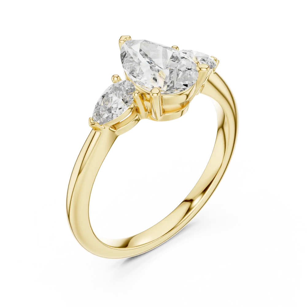 Discover the radiant beauty of our three-stone pear-cut ring, featuring exquisite DIAMEUR lab-grown diamonds. Elevate your jewelry collection today.