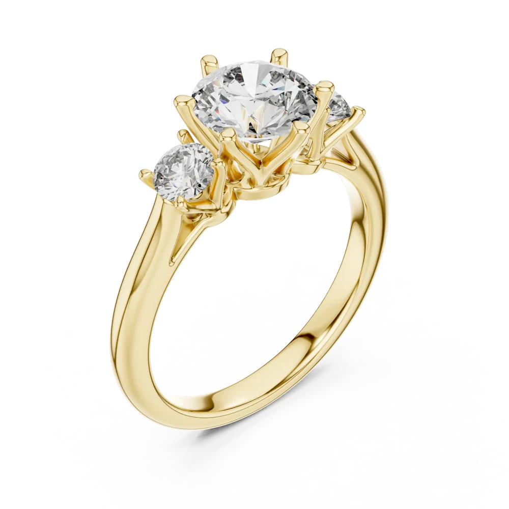 Discover the radiant beauty of this three-stone solitaire ring, featuring brilliant-cut DIAMEUR diamonds. Elevate your style with sustainable luxury.