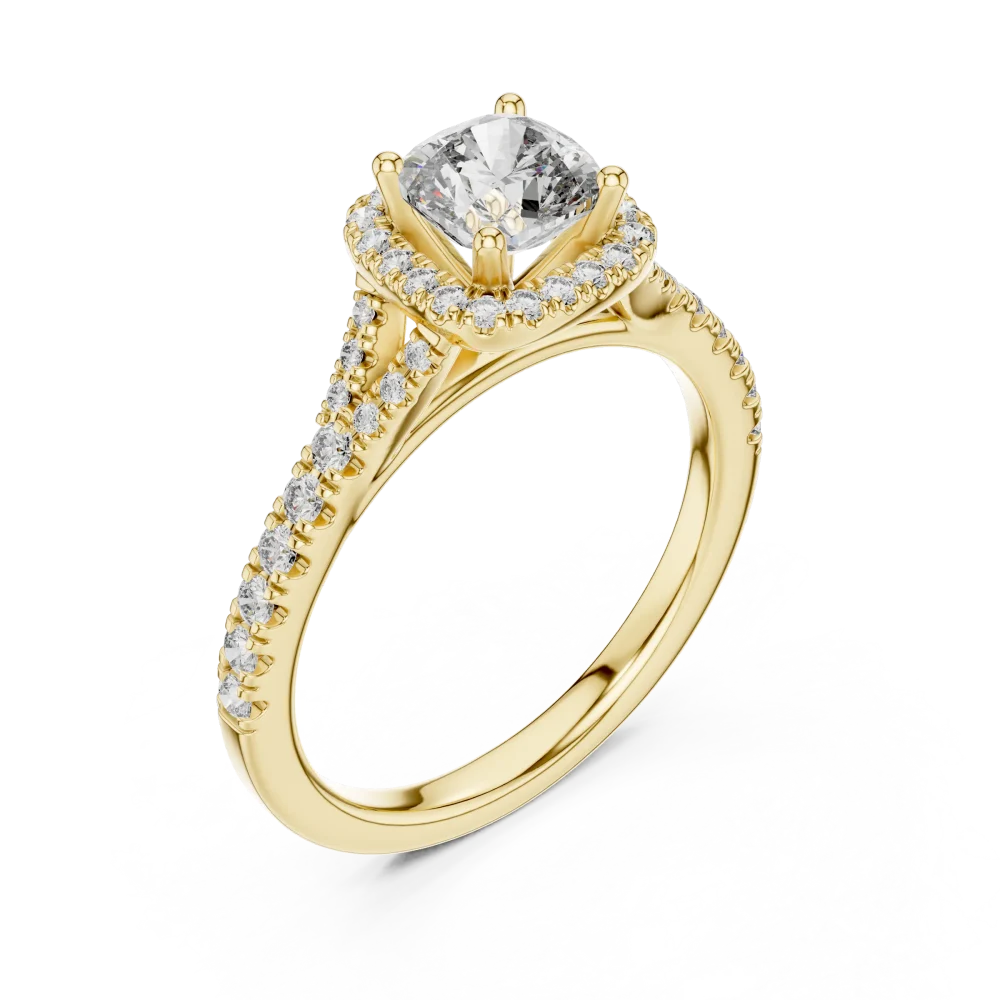 Discover the radiant beauty of this cushion-cut halo engagement ring. Featuring brilliant DIAMEUR diamonds, it is the ultimate symbol of love. Shop now.
