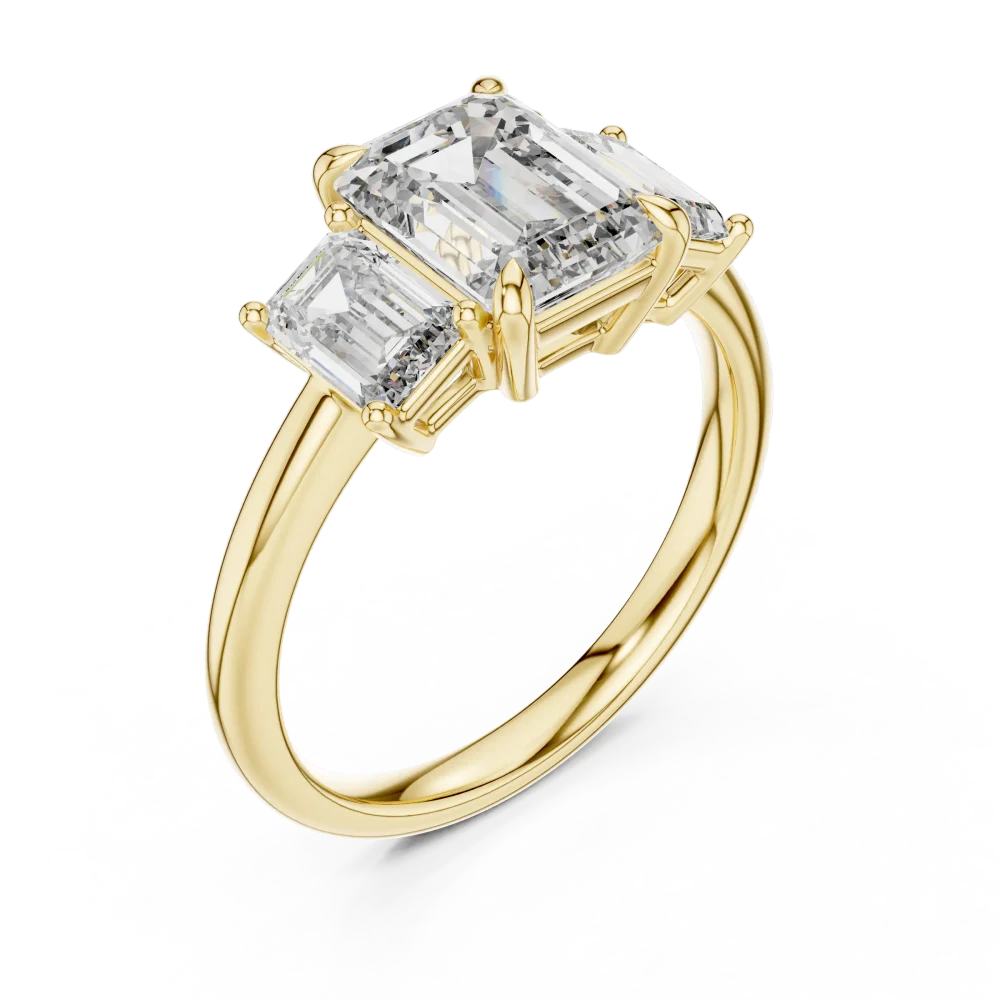 Discover the geometric allure of this emerald-cut three-stone ring. Expertly handcrafted with radiant DIAMEUR diamonds. Elevate your style today.