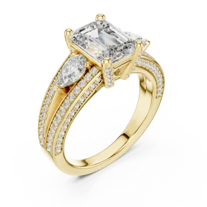 Luminary Emerald and Pear Three-Stone Pavé Diamond Ring