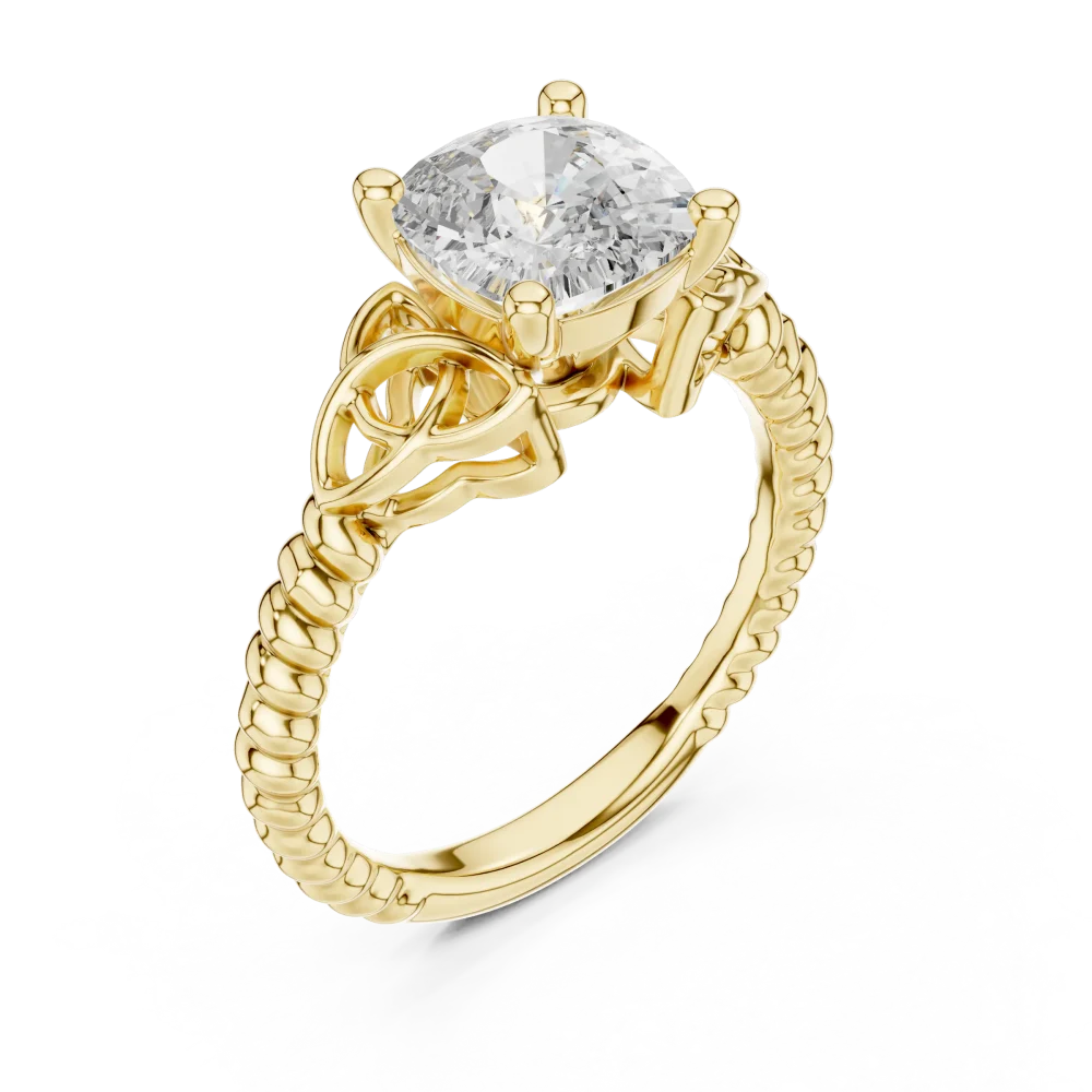 Discover the Ethereal Cushion Cut Solitaire Ring, featuring a stunning DIAMEUR diamond set in an ornate rope-detail band. Elevate your love story now.