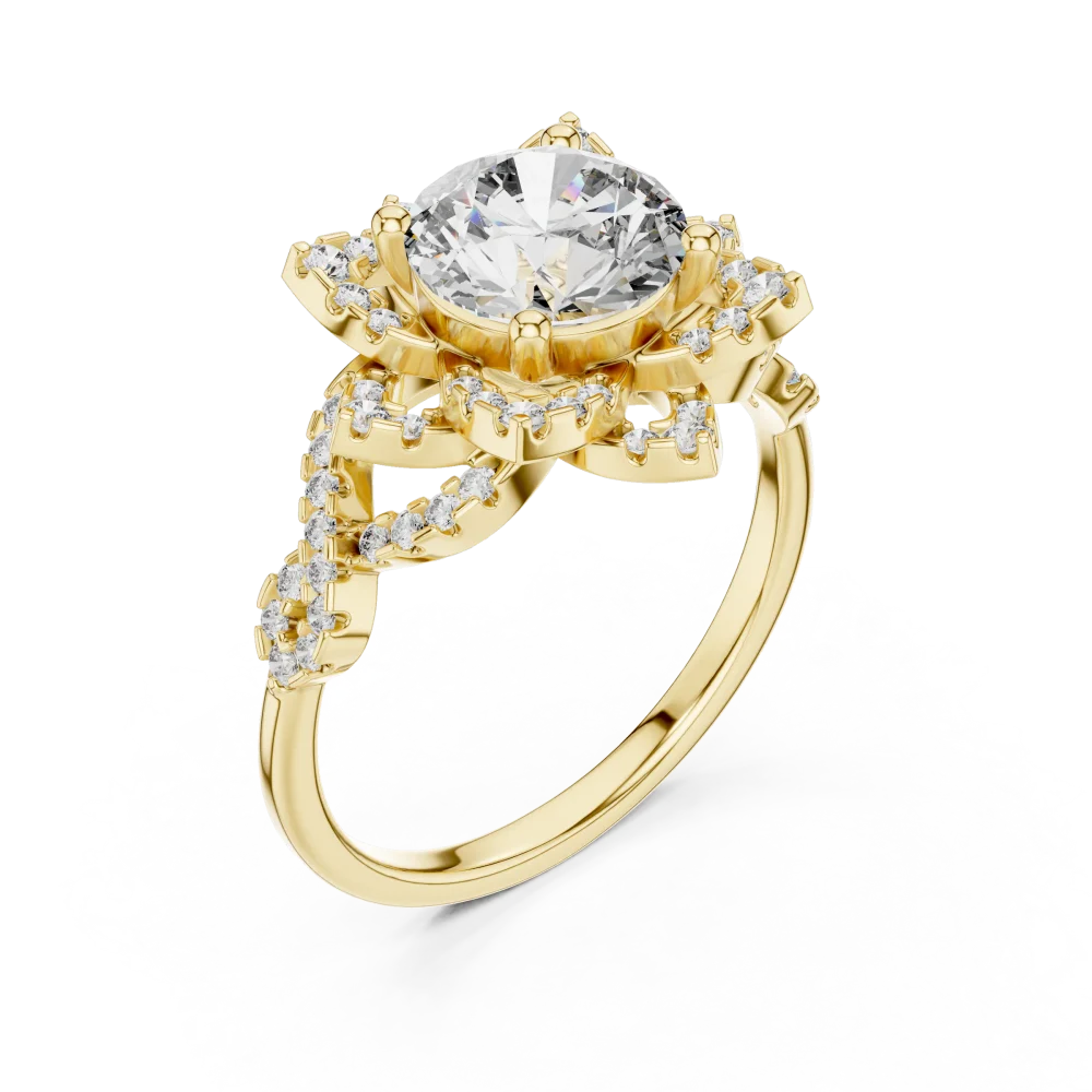 Discover the radiant beauty of this floral halo solitaire ring. Featuring a brilliant DIAMEUR diamond, it is the perfect symbol of modern love. Shop now.