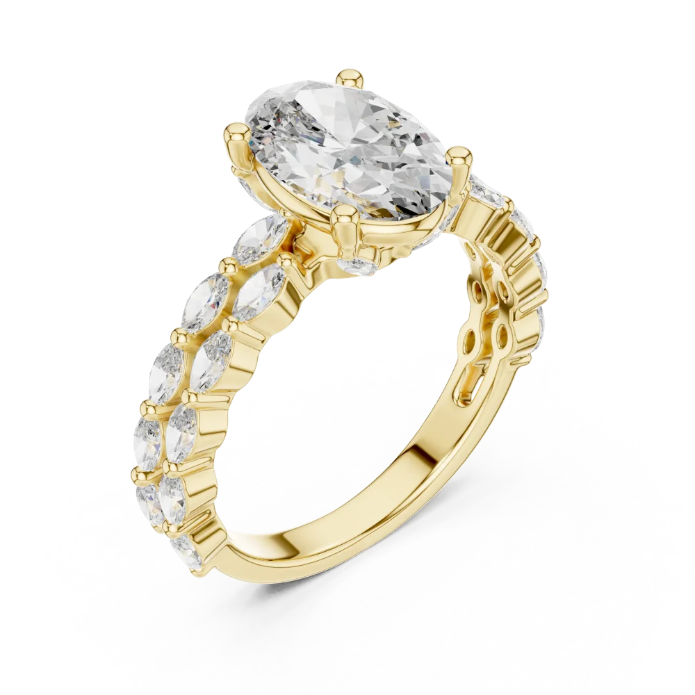 Experience modern brilliance with this oval-cut solitaire ring, accented by elegant marquise pavé. Discover sustainable luxury and shop today.