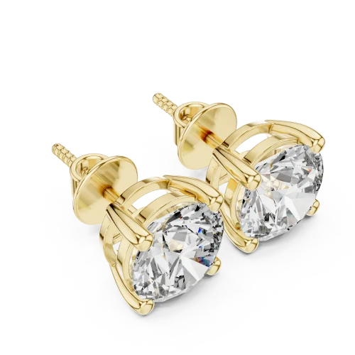 Essence Round Brilliant Solitaire Stud Earrings in yellow gold with a secure four-prong setting and radiant diamond cut.