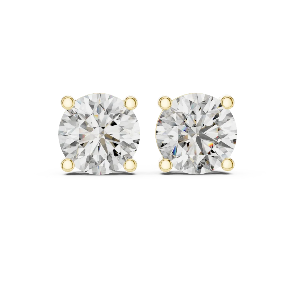 Essence Round Brilliant Solitaire Stud Earrings featuring radiant diamonds in a classic four-prong gold setting.