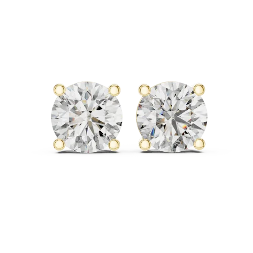 Essence Round Brilliant Solitaire Stud Earrings featuring radiant diamonds in a classic four-prong gold setting.