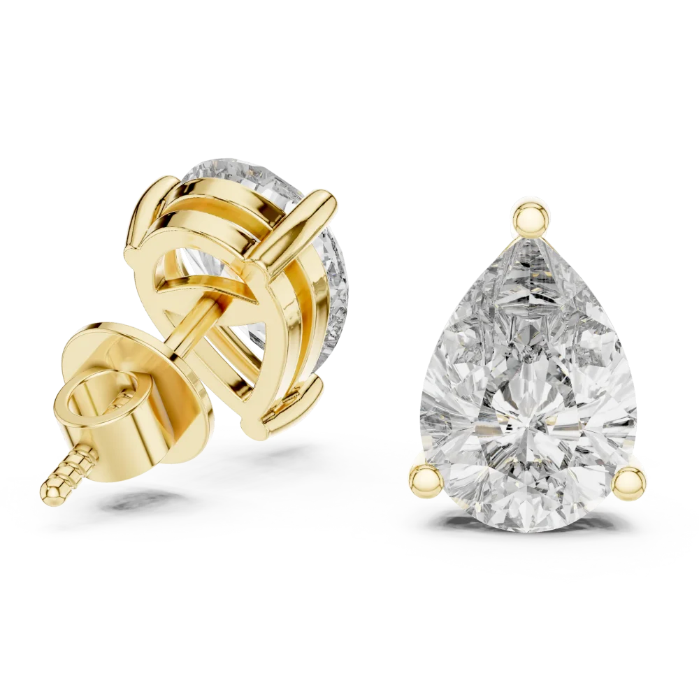 Ethereal Pear Solitaire stud earrings featuring a brilliant pear-cut DIAMEUR diamond in a minimalist gold architectural setti