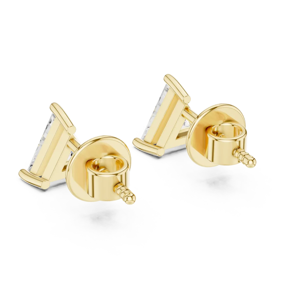 Geometric Trillion Cut Solitaire gold stud earrings featuring architectural settings and sparkling lab-grown diamonds.
