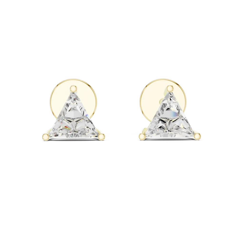 Geometric trillion cut solitaire stud earrings featuring DIAMEUR lab-grown diamonds in an architectural gold setting.