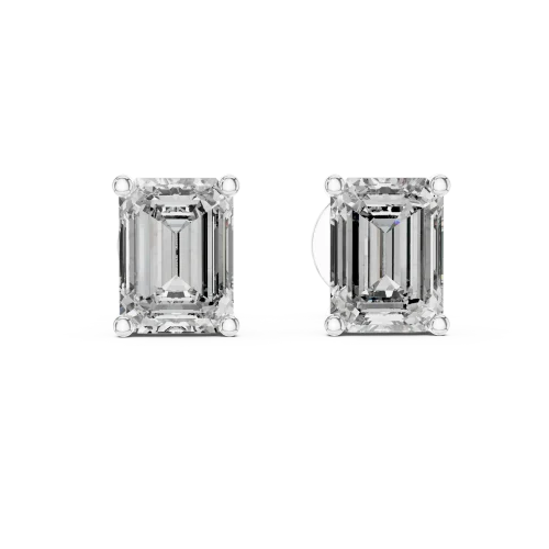 Architectural Emerald Cut Solitaire Stud Earrings featuring elongated geometric DIAMEUR diamonds in a four-prong setting.