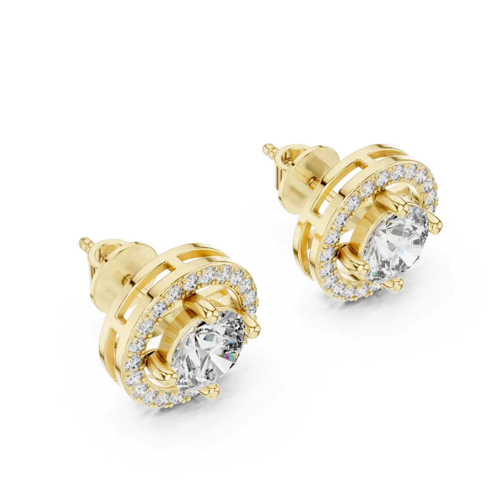 Luminary round brilliant pavé-set halo solitaire stud earrings in gold with central lab-grown diamonds.