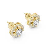 Luminary round brilliant pavé-set halo solitaire stud earrings in gold with central lab-grown diamonds.