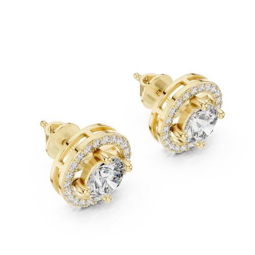 Luminary round brilliant pavé-set halo solitaire stud earrings in gold with central lab-grown diamonds.