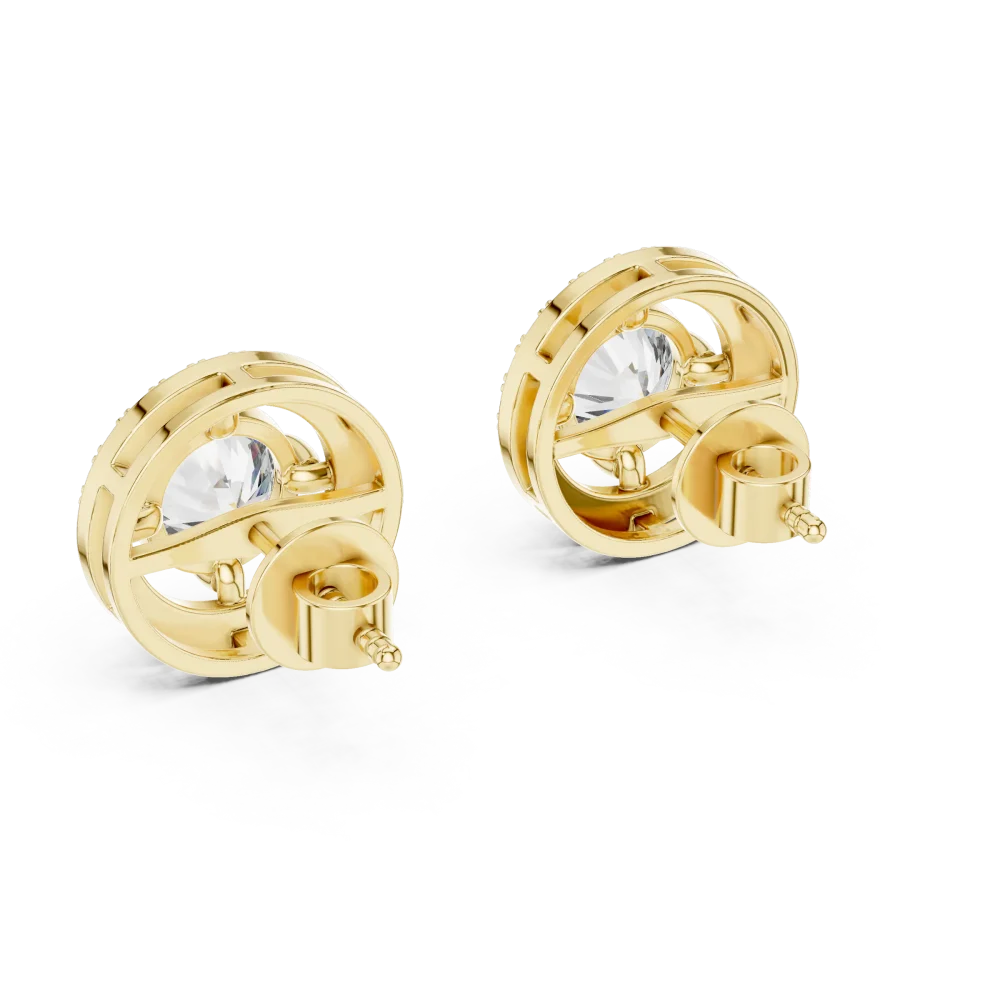 Luminary round brilliant pavé-set halo solitaire stud earrings in gold with central lab-grown diamonds and back posts.