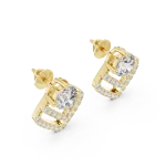 Luminary gold stud earrings featuring a central round brilliant diamond surrounded by geometric chevron pavé detailing.