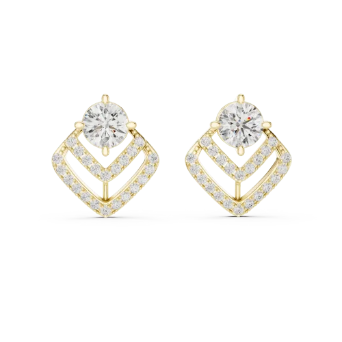 Luminary gold stud earrings featuring a round brilliant solitaire diamond set within a geometric chevron pavé frame.