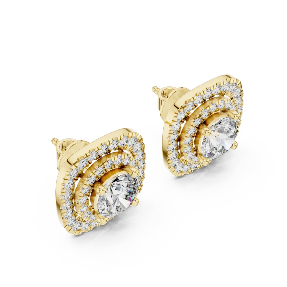 Luminary round brilliant solitaire stud earrings in yellow gold featuring a shimmering double diamond halo design.
