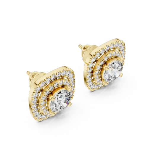 Luminary round brilliant solitaire stud earrings in yellow gold featuring a shimmering double diamond halo design.