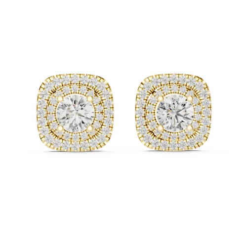Luminary round brilliant diamond stud earrings featuring a luxurious gold double halo design on a grey background.