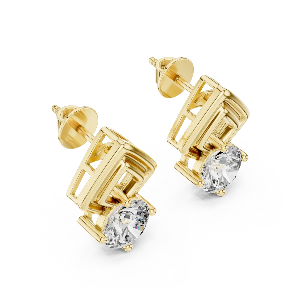 Symmetry gold solitaire stud earrings featuring geometric architectural frames and brilliant-cut DIAMEUR diamonds.